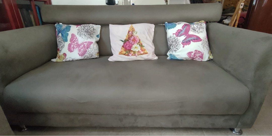 Couch (Category: Other Home Furniture) located in Caloocan City. Submitted by trishhhaaa (Listing ID 1455939898, Image 3). Description: SELLING PRELOVED COUCH 2 and 3 seater Comes with its own throw pillow of same color. BRAND: SAN-YANG FURNITURES COLOR: LIGHT GREEN-GRAY SUEDE (Color varies with lighting)* Condition: still like New Bought for P27k at Robinson Kindly PM for Interested. Can be sold separately. RFS: we have 2 sets of sofa, mjo masik