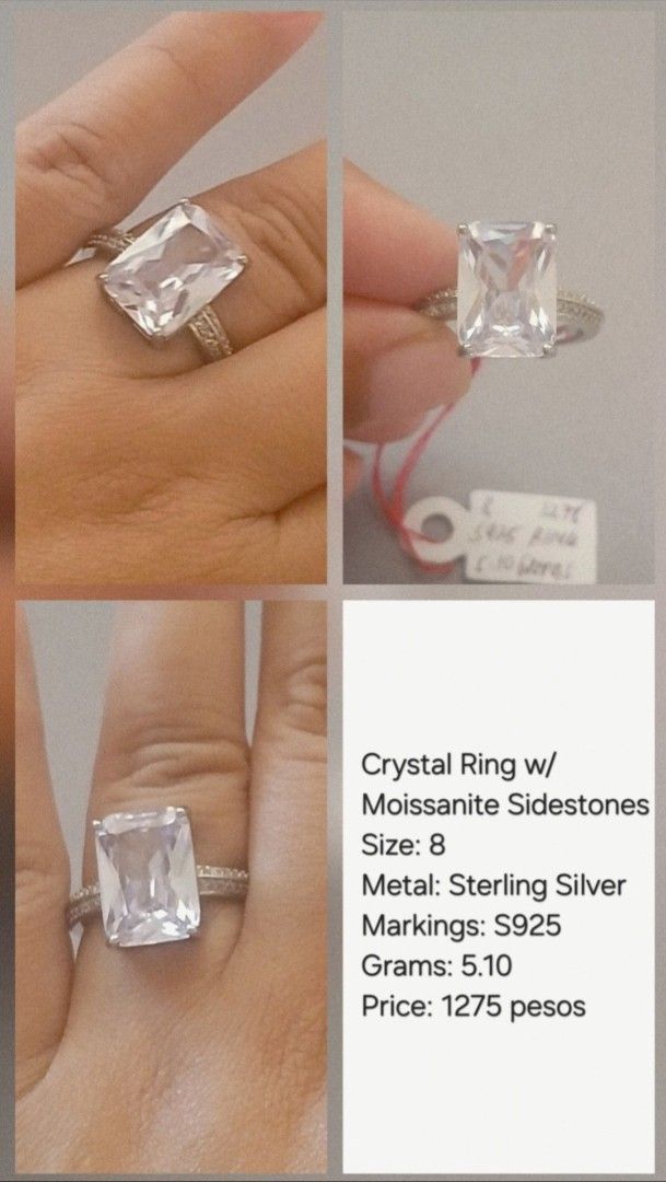 Crystal Ring Sterling Silver (Category: Rings) located in Batangas. Submitted by thriftshop_izy15 (Listing ID 1455939703, Image 1). Description: - Sterling Silver Ring - Size 8 - Large Crystal Center Stone - Moissanite Sidestones - Marked S925 - Total Weight: 5.10 grams - Ideal for everyday or special occasions.