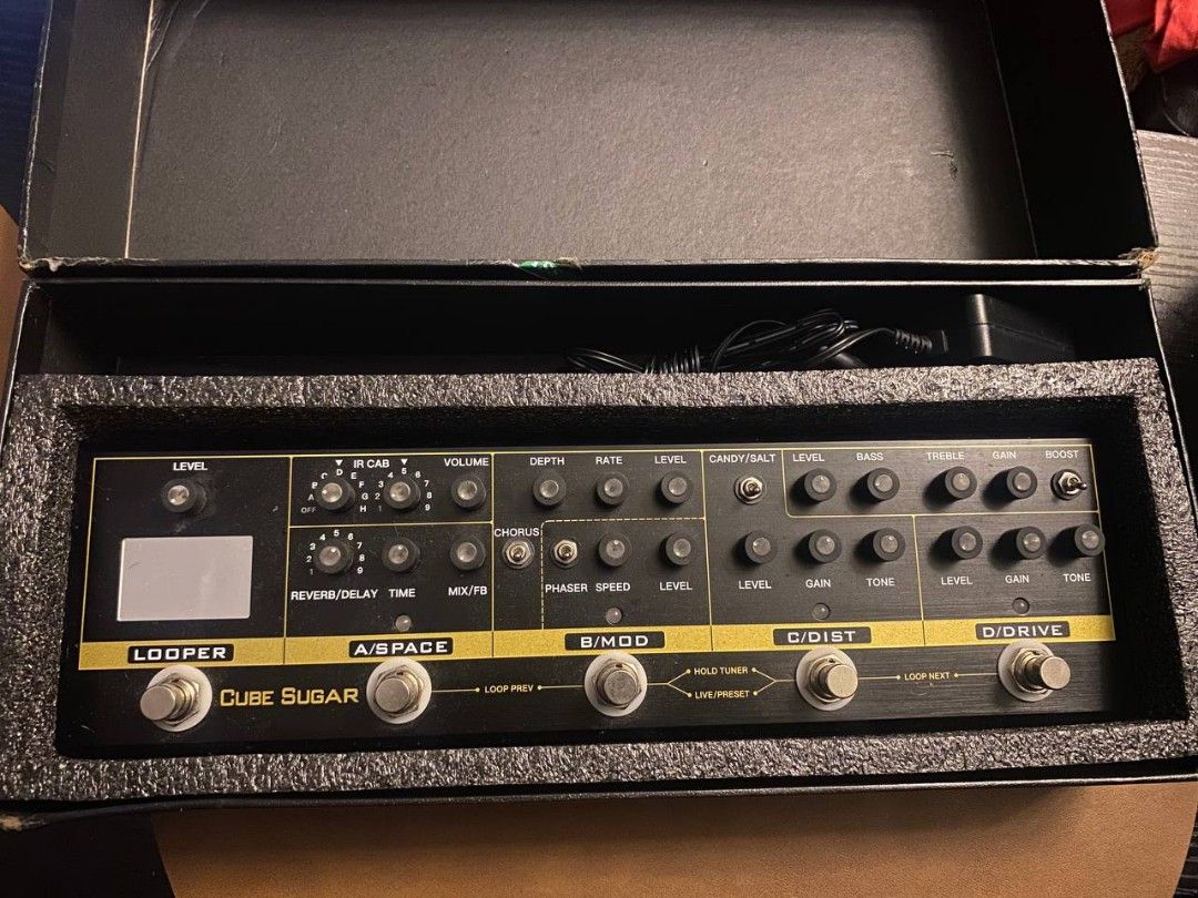 CUVAVE CUBE SUGAR (Multi-Effect Pedal FX LOOP 5 Analog 2 Digital Effects) NEGOTIABLE (Category: Musical Instruments) located in Manila. Submitted by eisoj0525 (Listing ID 1422083751, Image 2). Description: Core Specifications: Effects Type: 5 Analog (Boost, Overdrive, Distortion, Chorus, Phaser) + 2 Digital (Delay, Reverb). IR Cabinet Simulation: 72 IR spots, supports 3rd party IR loading. Looper: 9 loop phrases, up to 10 minutes recording time, 