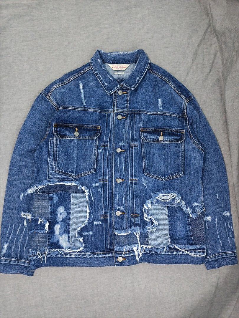 cyclic patchwork type II selvedge denim jacket (Category: Coats, Jackets and Outerwear) located in Baguio. Submitted by used_clothing2600 (Listing ID 1456042182, Image 1). Description: Cyclic patchwork type II selvedge denim jacket verygood condition medium on tag chest 25 length 28 shoulders 22 sleeve length 24.5.