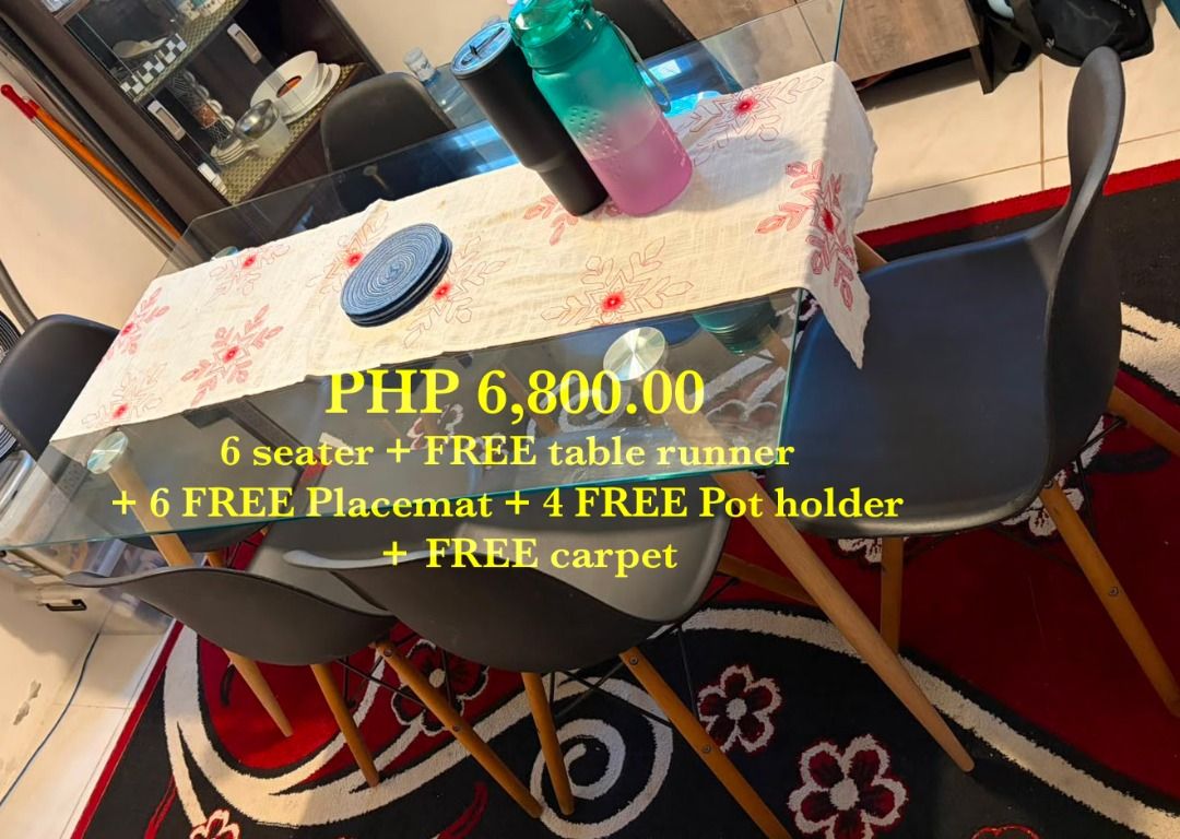 Dining Table + 6 Chairs (Category: Tables & Sets) located in Manila. Submitted by lauboyd121 (Listing ID 1451514421, Image 1). Description: Sturdy dining table, perfect for family meals or gatherings. Good condition, solid build. Negotiable. See photos for freebies included.