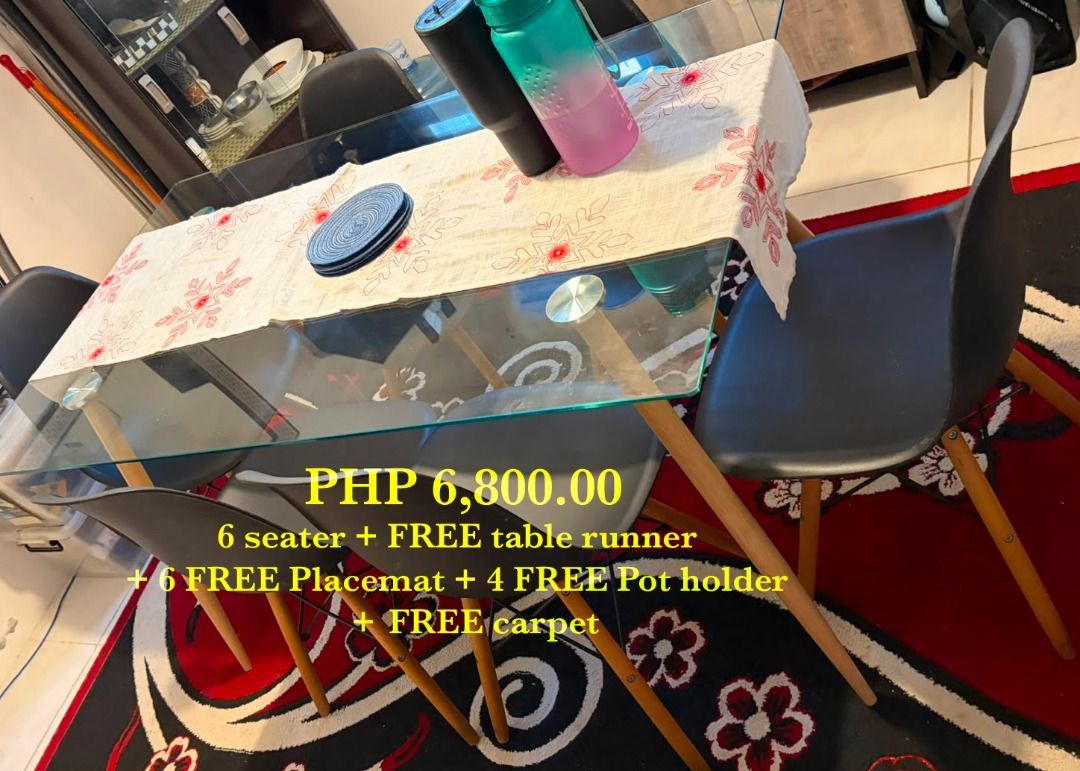 Dining Table + 6 Chairs (Category: Tables & Sets) located in Manila. Submitted by lauboyd121 (Listing ID 1451514421, Image 2). Description: Sturdy dining table, perfect for family meals or gatherings. Good condition, solid build. Negotiable. See photos for freebies included.