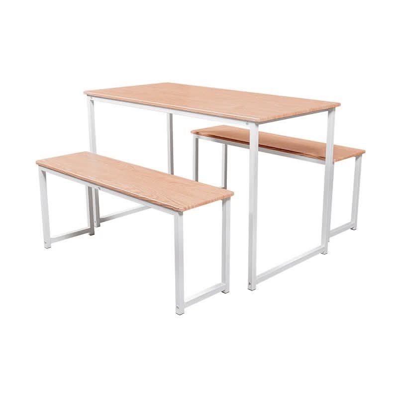 Dining Table with 2 Benches (Category: Tables & Sets) located in Muntinlupa City. Submitted by dealsbyann (Listing ID 1455895614, Image 1). Description: - Modern dining set: 1 rectangular table + 2 benches - Stylish wood grain finish on tabletop and bench seats - Sturdy white metal frame.