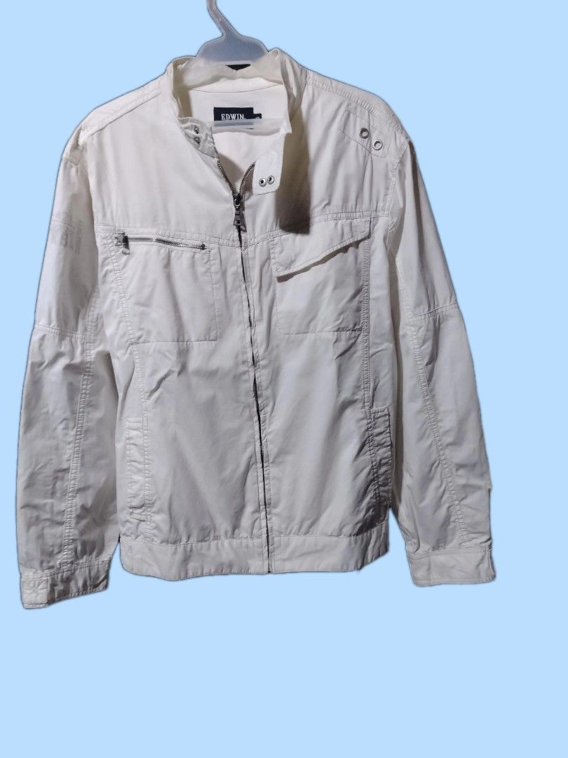 EDWIN White Bomber Jacket (Category: Coats, Jackets and Outerwear) located in Davao. Submitted by enchanted08 (Listing ID 1455856888, Image 2). Description: - Zip-up front with pockets - Button details on collar and cuffs - Perfect for casual wear - Looks great! - fits large to XL.