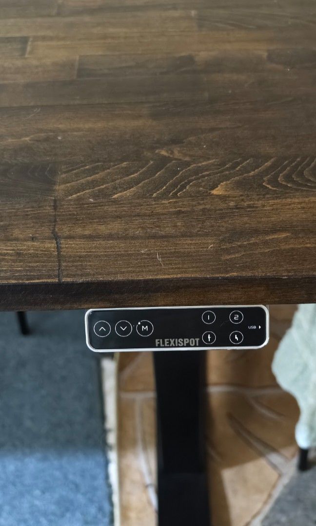 Flexispot E7 + Solid wood tabletop (Category: Tables & Sets) located in Cheras. Submitted by dr_inspire (Listing ID 1456049439, Image 2). Description: Base model E7 frame solid Beech Wood tabletop stained and finished with Minwax Jacobean and wipe-on-poly and wax. 150cm x 75cm x 3cm load capacity: 150KG max height adjustment: 60cm to 125cm length adjustment: can use up to 200cm long tabletop include the Flexispot solid wood monitor riser reason: 
