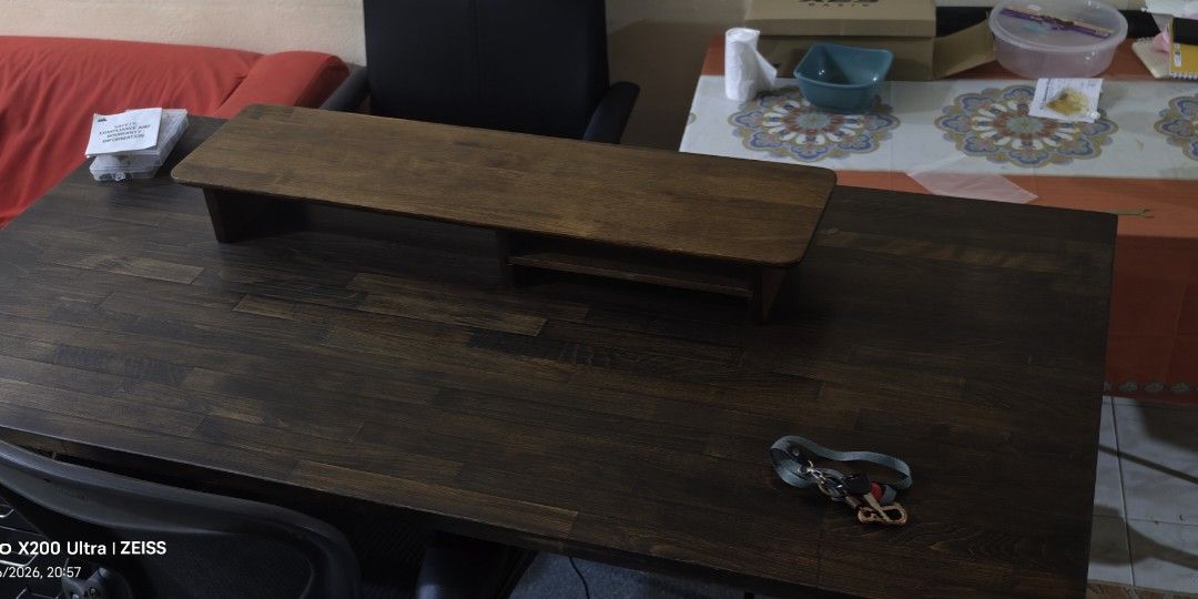 Flexispot E7 + Solid wood tabletop (Category: Tables & Sets) located in Cheras. Submitted by dr_inspire (Listing ID 1456049439, Image 3). Description: Base model E7 frame solid Beech Wood tabletop stained and finished with Minwax Jacobean and wipe-on-poly and wax. 150cm x 75cm x 3cm load capacity: 150KG max height adjustment: 60cm to 125cm length adjustment: can use up to 200cm long tabletop include the Flexispot solid wood monitor riser reason: 