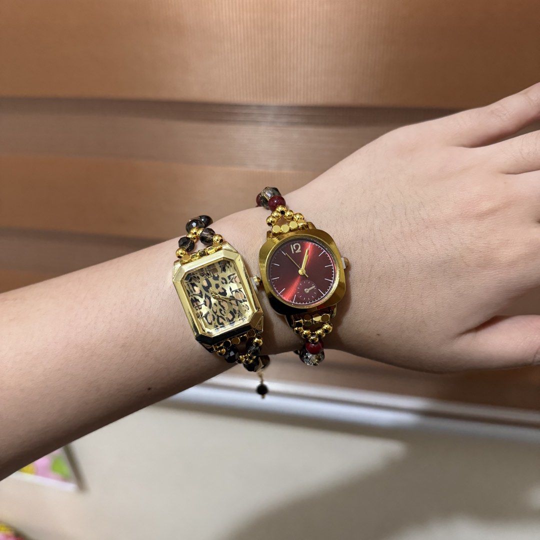 Gold Beaded Bracelet Watch - sold as bundle only (Category: Women's Watches) located in Tarlac. Submitted by feebee01 (Listing ID 1455907519, Image 1). Description: ‼️ you can choose 1 watch for free if you buy 1000+ worth from my listings both are bnew, check last pic, di pa po nagamit yung watches and may lock pa. also includes red pouch. adjustable bracelet strap fashion watch only, unbranded gifted by my sister pero not my style. - leopard di