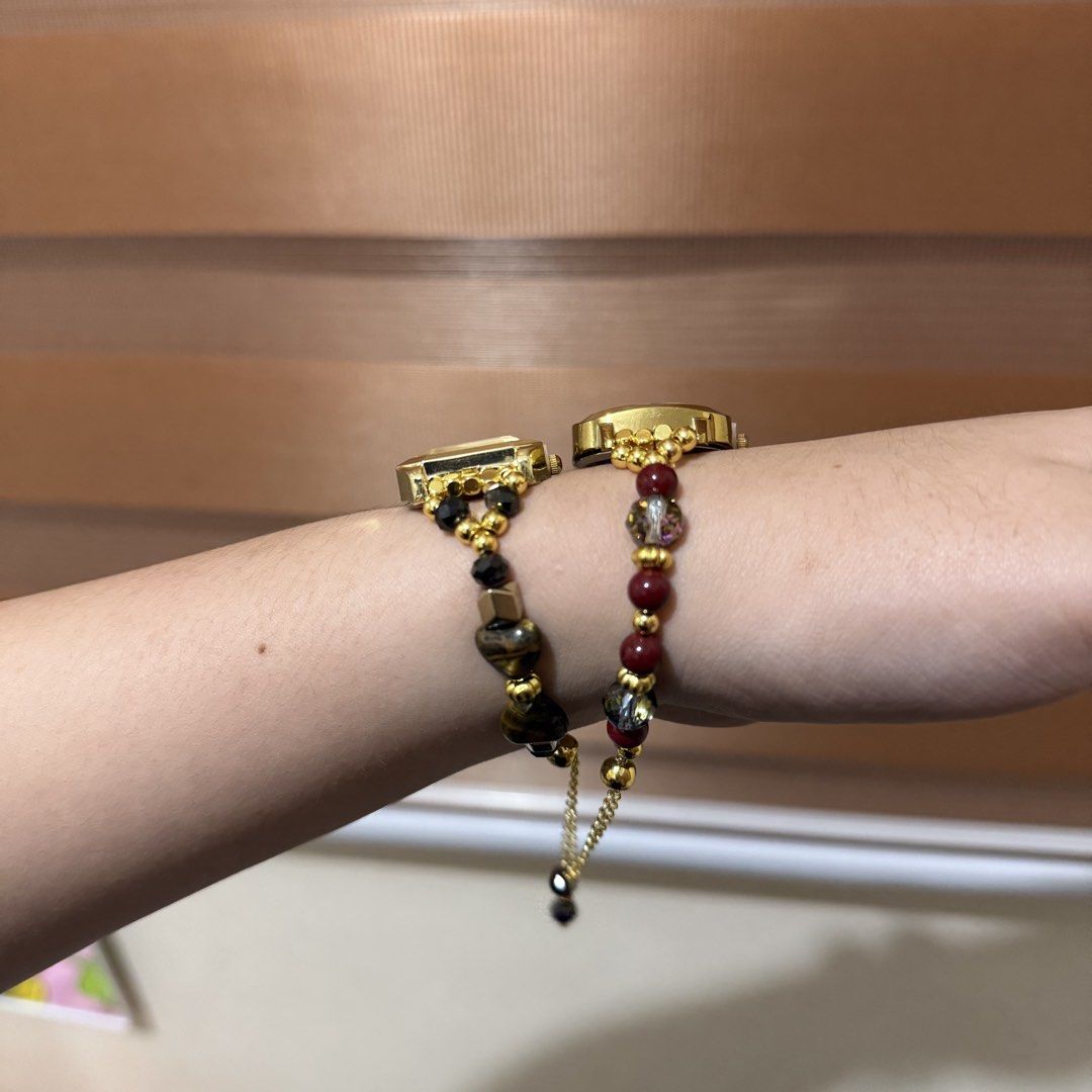 Gold Beaded Bracelet Watch - sold as bundle only (Category: Women's Watches) located in Tarlac. Submitted by feebee01 (Listing ID 1455907519, Image 2). Description: ‼️ you can choose 1 watch for free if you buy 1000+ worth from my listings both are bnew, check last pic, di pa po nagamit yung watches and may lock pa. also includes red pouch. adjustable bracelet strap fashion watch only, unbranded gifted by my sister pero not my style. - leopard di