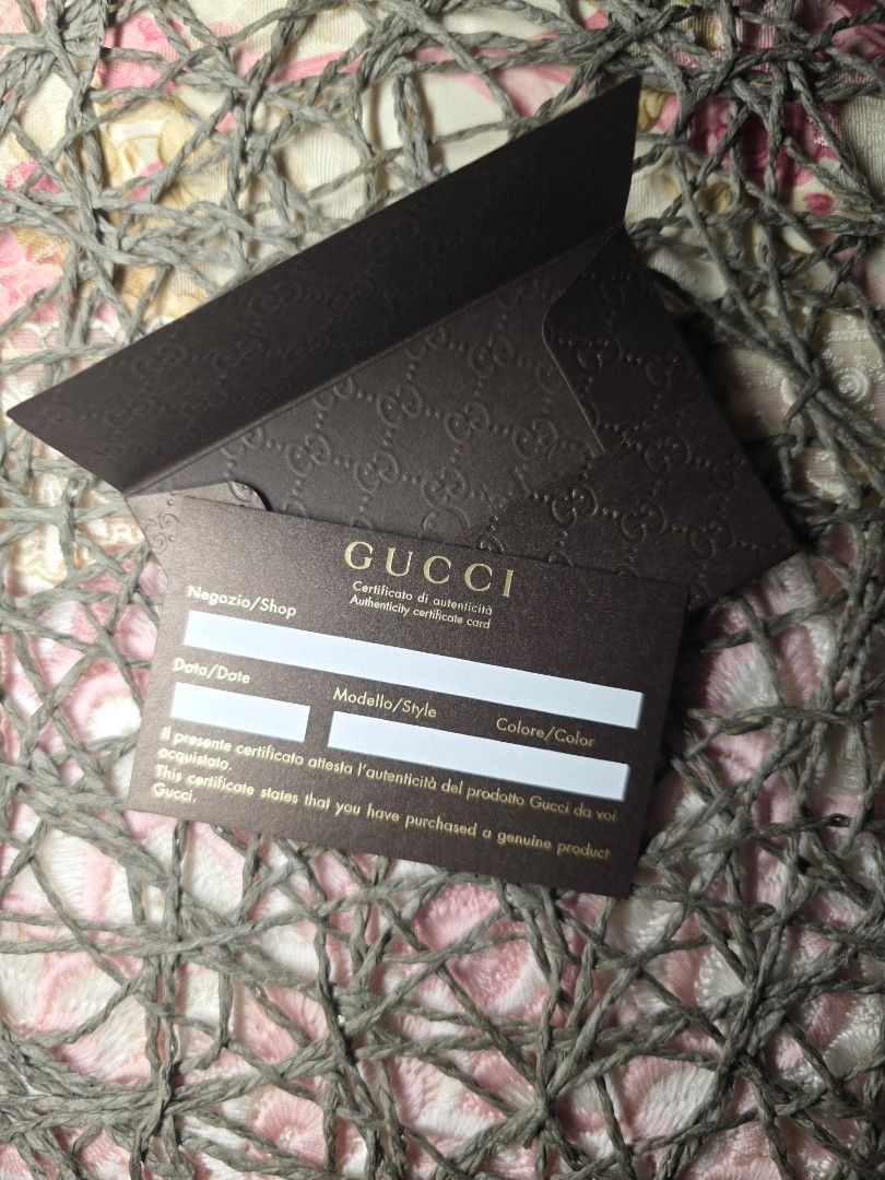 Gucci Firenze 1921 Authenticity Card (Category: Luxury Bags & Wallets) located in Zamboanga. Submitted by lunavinum (Listing ID 1455925338, Image 3). Description: - Gucci Authenticity Card - Features embossed GG pattern - Includes original Firenze 1921 envelope - Perfect for safeguarding your Gucci items or be serviced by Gucci Stores.