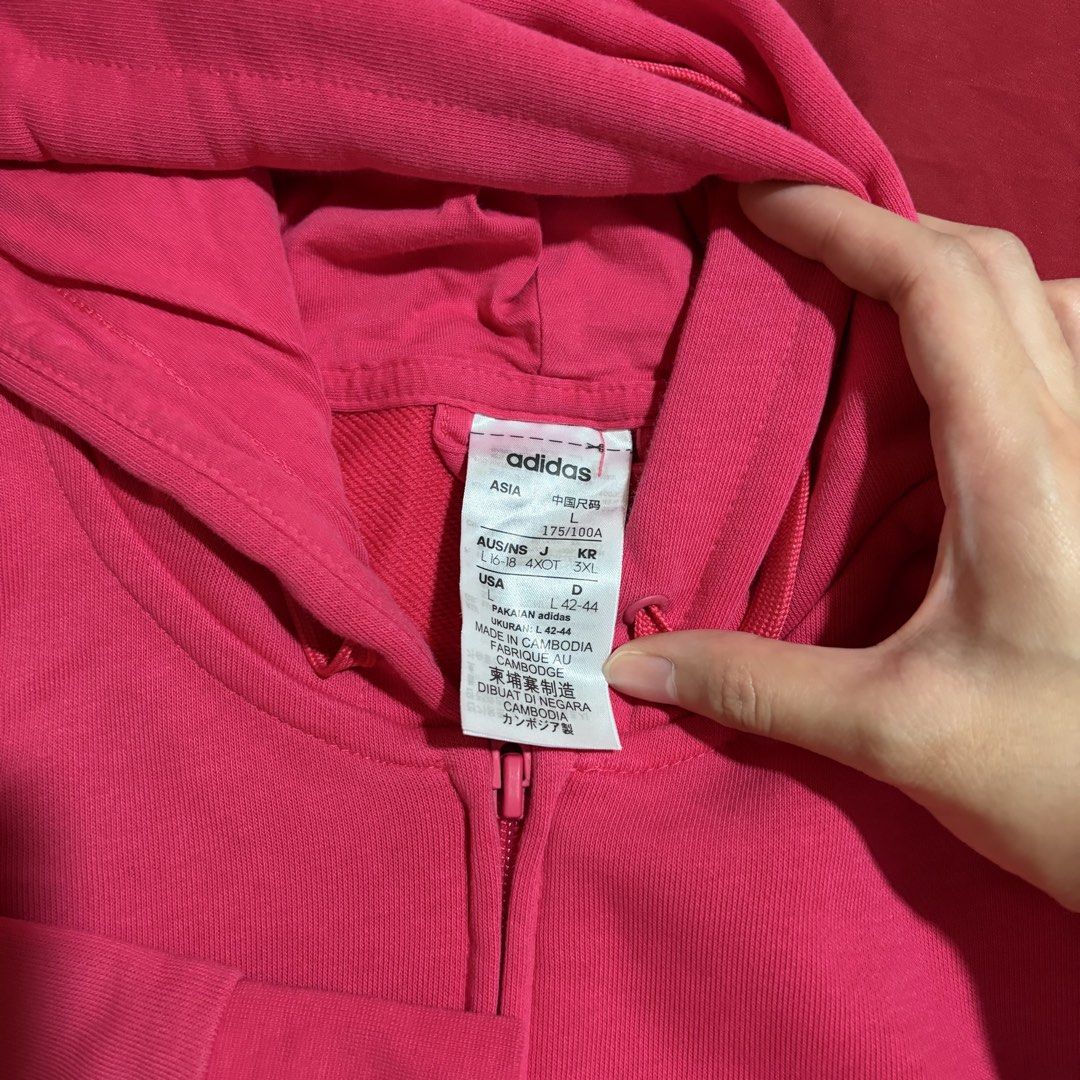 hot pink adidas jacket (Category: Coats, Jackets and Outerwear) located in Cainta. Submitted by comethruuu (Listing ID 1455936165, Image 2). Description: authentic, used once only no flaws at all super cute color measurements when laid flat: width: 19 inches length: 25 inches.
