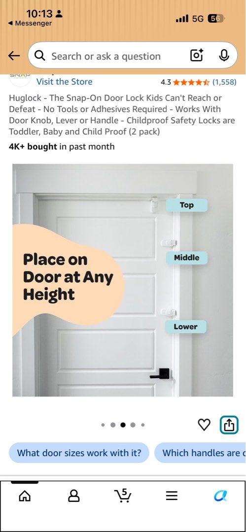 HUGLOCK Snap-On Door Lock - Childproof Safety Locks (2 Pack) (Category: Locks, Doors & Gates) located in Pasig City. Submitted by kutleyn (Listing ID 1455866007, Image 3). Description: - Shipped from Amazon. Originally 40USD or 2400 PHP - Keep little ones safe with HUGLOCK door locks. - Easy snap-on installation, no tools or adhesives required. - Fits most interior doors with doorknobs, levers, and handles. - Safely out of reach of toddlers. - Pr