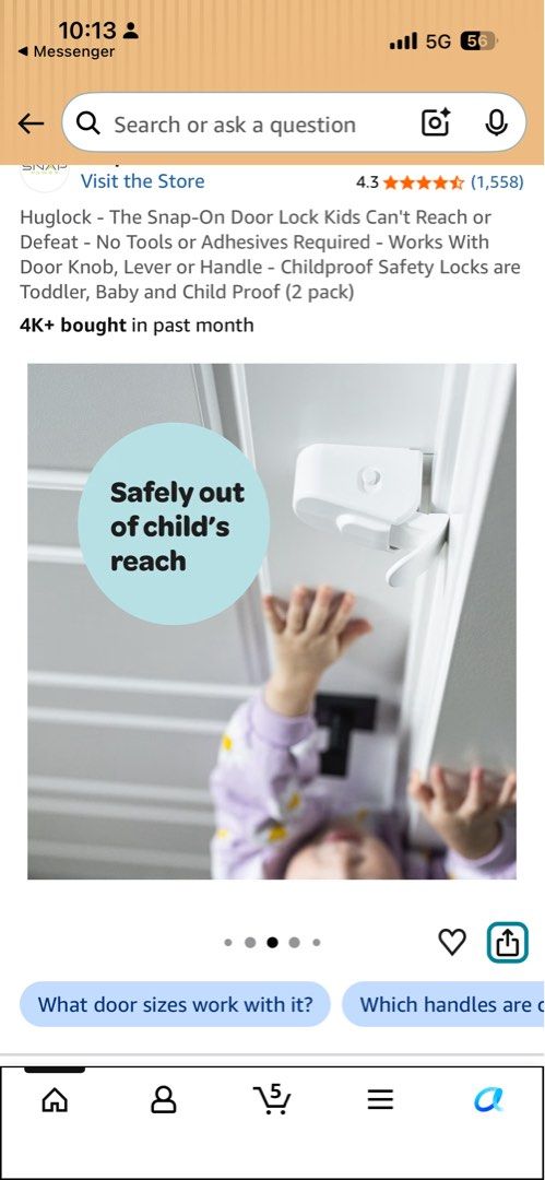 HUGLOCK Snap-On Door Lock - Childproof Safety Locks (2 Pack) (Category: Locks, Doors & Gates) located in Pasig City. Submitted by kutleyn (Listing ID 1455866007, Image 2). Description: - Shipped from Amazon. Originally 40USD or 2400 PHP - Keep little ones safe with HUGLOCK door locks. - Easy snap-on installation, no tools or adhesives required. - Fits most interior doors with doorknobs, levers, and handles. - Safely out of reach of toddlers. - Pr