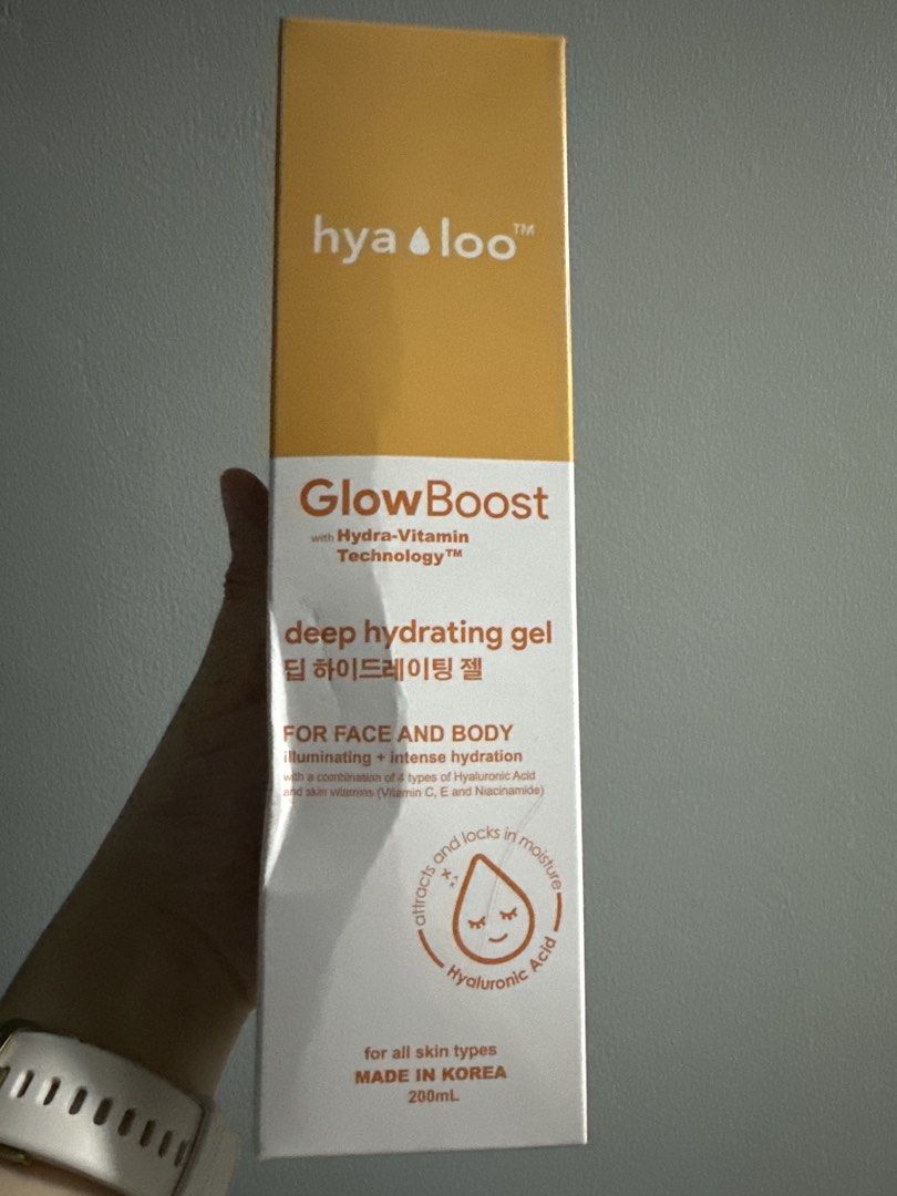 Hyaloo GlowBoost Deep Hydrating Gel 200mL (Category: Face Care) located in San Juan City. Submitted by Goodstuffhere (Listing ID 1455897186, Image 1). Description: - Hyaloo GlowBoost Deep Hydrating Gel - Intense hydration for face and body - Illuminating effect - Contains 4 types of Hyaluronic Acid - Enriched with Vitamins C, E, and Niacinamide - Made in Korea - Suitable for all skin types - 200mL bottle.