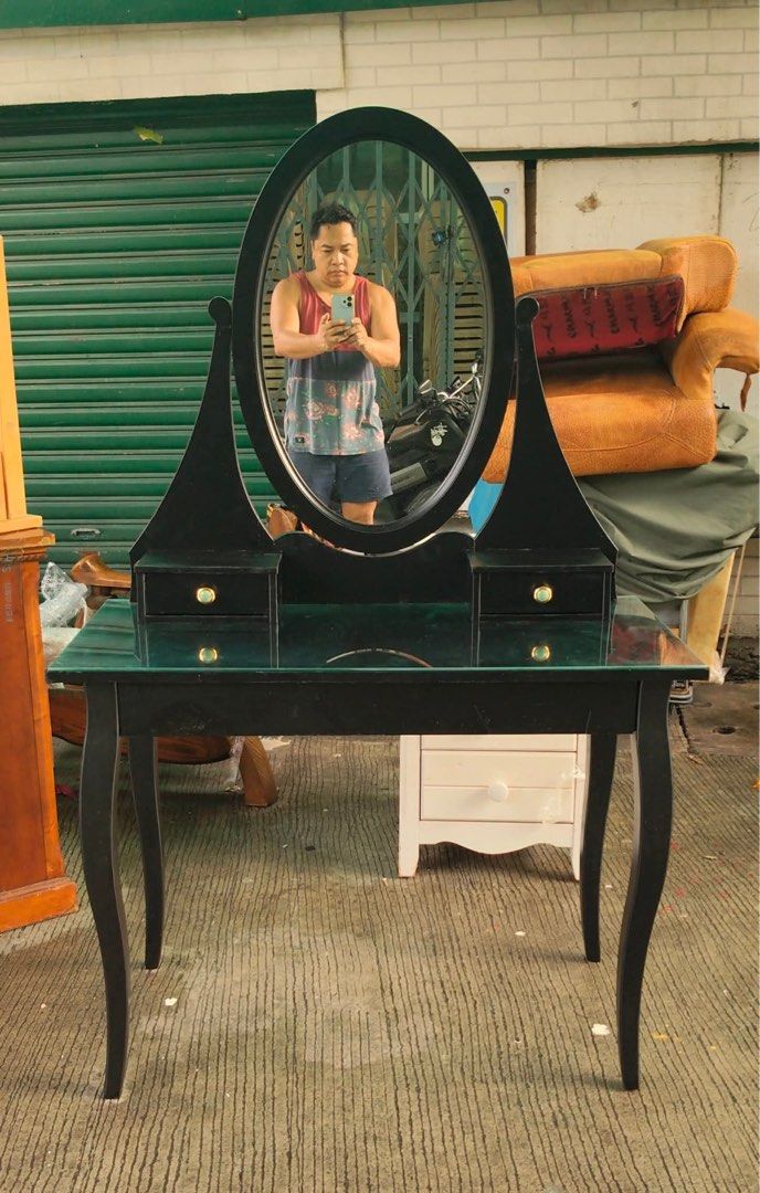 IKEA HEMNES Dressing Table / Vanity with Mirror (Category: Other Home Furniture) located in Malabon City. Submitted by ella_dlcrz (Listing ID 1455870656, Image 3). Description: IKEA HEMNES Dressing Table / Vanity with Mirror – Black Size: Length - 39.5 inches Width - 20 inches Height (Vanity) - 29.5 inches Height (Overall) - 64 inches Remarks: * Good Condition * Minor Scratches/Repair Marks .