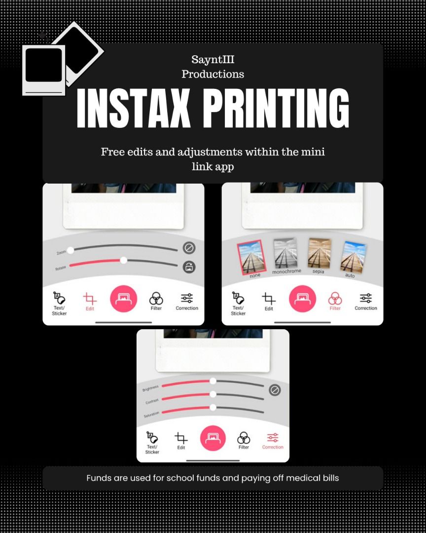 Instax Mini Printing Services with Original Instax Mini Films (Category: Cameras) located in Pasig City. Submitted by yrcarlos (Listing ID 1455989004, Image 2). Description: Instax Printing Services with authentic Instax Mini Films Prices: 1-5 pcs - Php 150 each 6+ pcs - Php 100 each 8pcs remaining until restock Terms and Conditions: - Shipping and delivery thru Lalamove and Grab Express at the buyers expense (Same day delivery within Metro Manil