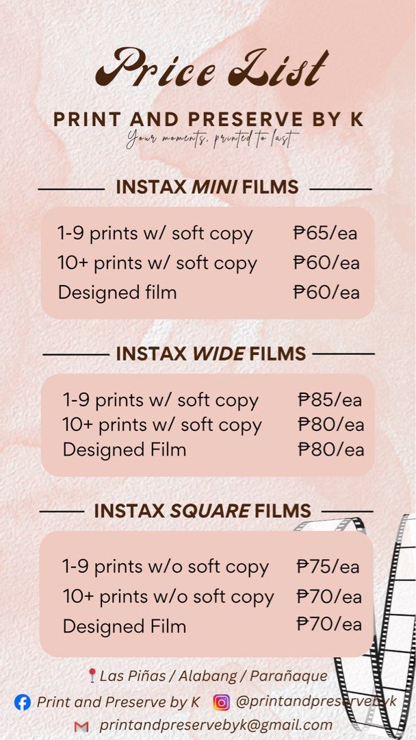 INSTAX PRINTING SERVICES (Category: Cameras) located in Las Pinas. Submitted by printandpreservebyk (Listing ID 1455981211, Image 3). Description: Instax printing services available for Minis & Wide - We use our hybrid cameras (mini evo, wide evo) - Free soft copy (all photos), will be sent via email - Pay 50% before printing, the rest before release - Can do meet ups #InstaxMiniFilm #InstaxWideFilm 📍Las Piñas/Alabang/Parañaque .