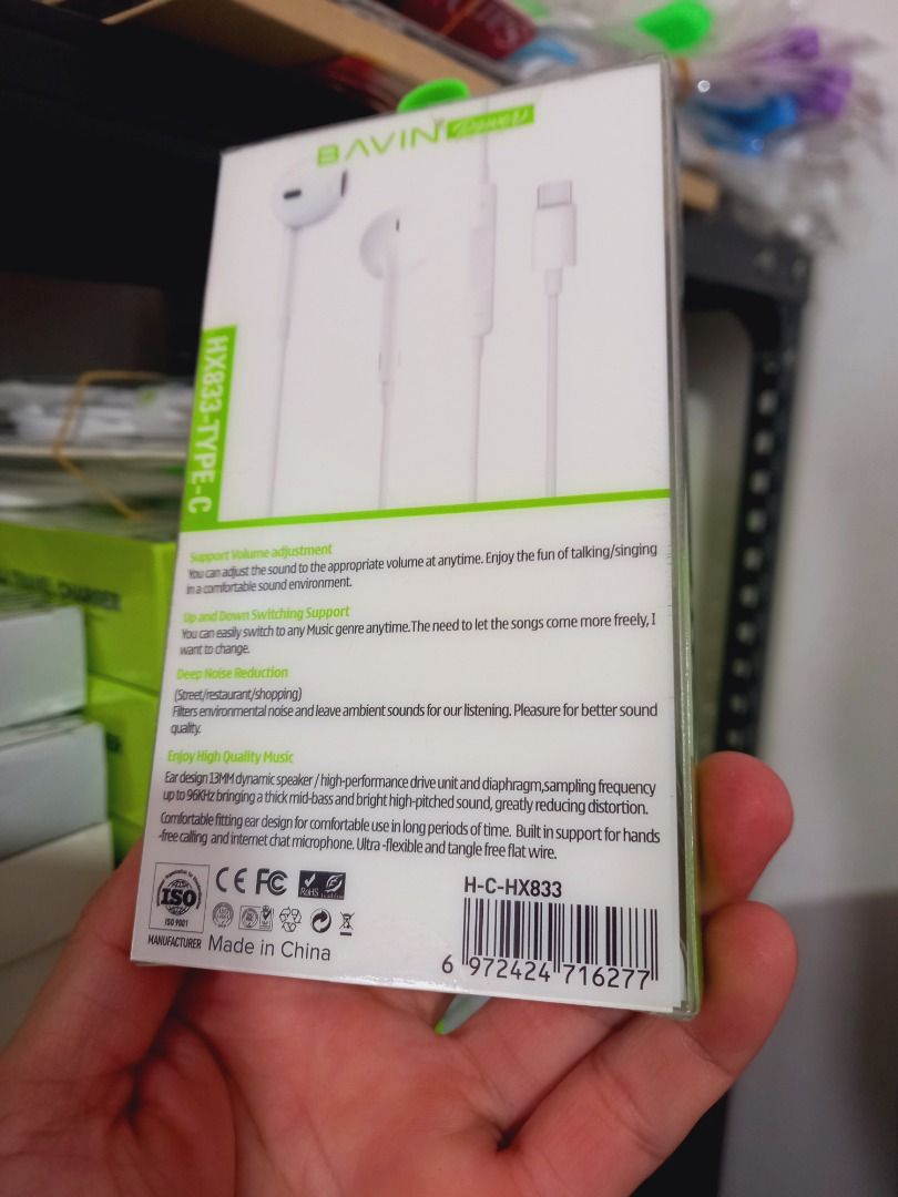 IPHONE EARPHONE LIGHTNING AND TYPE C (Category: Earphones) located in Pasig City. Submitted by gentle_jerico (Listing ID 1455974805, Image 3). Description: - BAIVIN HX833 Earphones - -Res Audio for superior sound quality - High-quality, strong bass - Comfortable design for extended listening sessions - Built-in microphone for hands-free calls - Integrated music controls (play/pause, volume) - Supports track switching (up/down) - Ideal for both mu