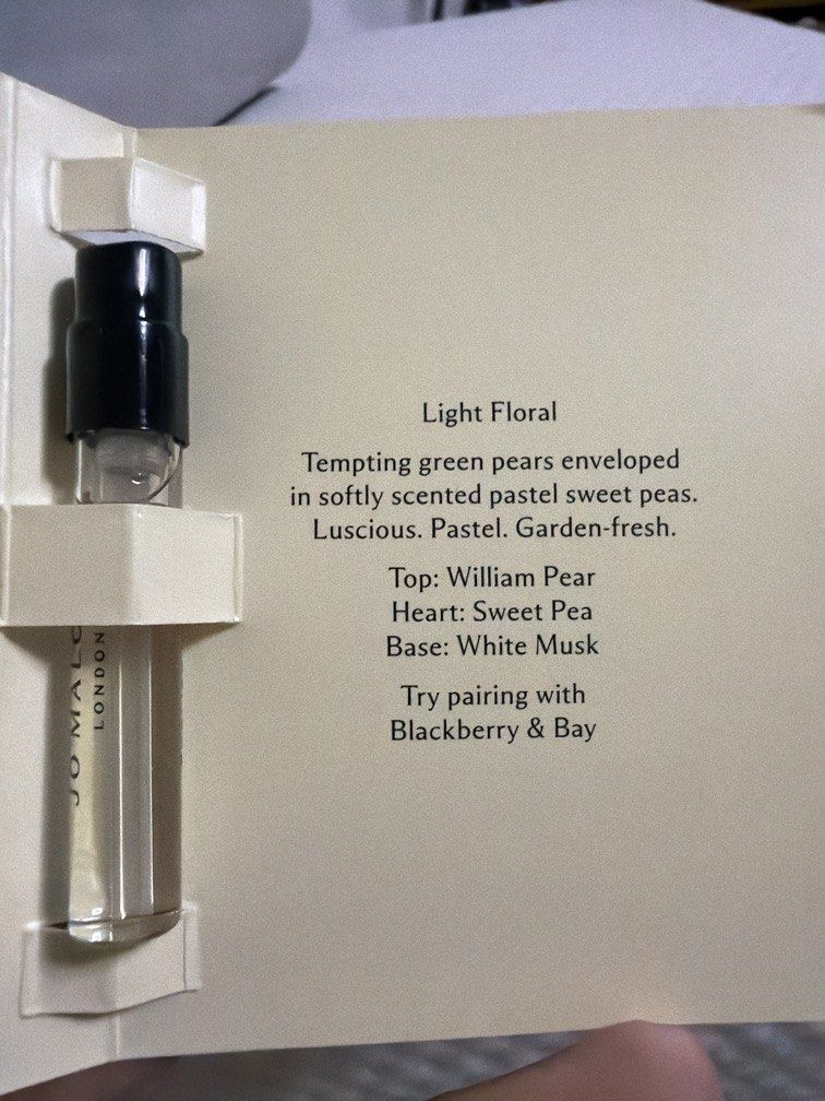 Jo Malone English Pear & Sweet Pea (Category: Fragrance & Deodorants) located in Quezon City. Submitted by bloompicks (Listing ID 1455993410, Image 3). Description: 1.5ml trial size.