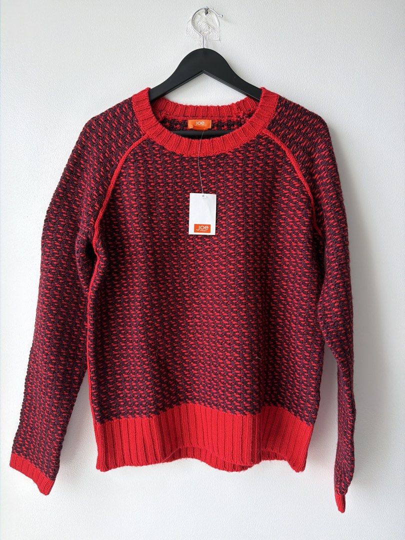 Joe Fresh Red & Black Knit Sweater M/M (Category: Longsleeves) located in Makati City. Submitted by cheapipie (Listing ID 1455920935, Image 1). Description: - Joe Fresh knit sweater - Red and black patterned knit - Crew neck with raglan sleeves - Ribbed cuffs and hem - Material: Acrylic, wool blend - Versatile for layering or standalone wear - Measurements: Chest approx. 19 inches.
