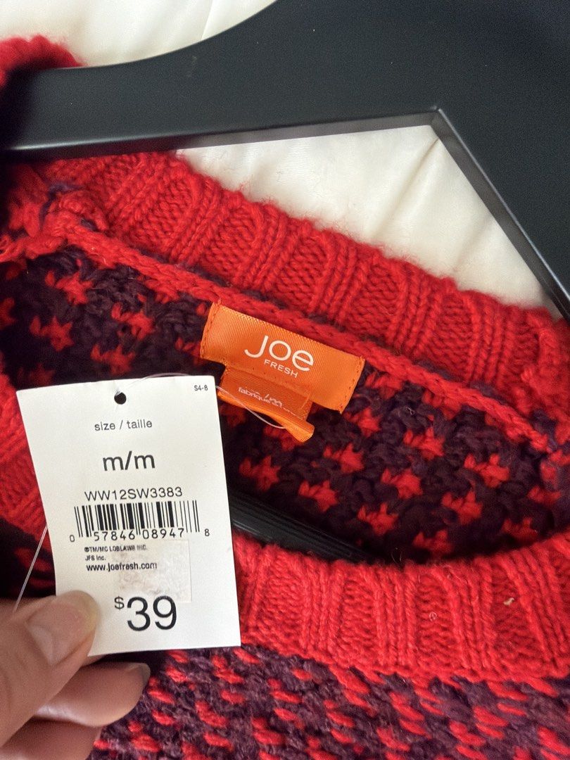 Joe Fresh Red & Black Knit Sweater M/M (Category: Longsleeves) located in Makati City. Submitted by cheapipie (Listing ID 1455920935, Image 3). Description: - Joe Fresh knit sweater - Red and black patterned knit - Crew neck with raglan sleeves - Ribbed cuffs and hem - Material: Acrylic, wool blend - Versatile for layering or standalone wear - Measurements: Chest approx. 19 inches.
