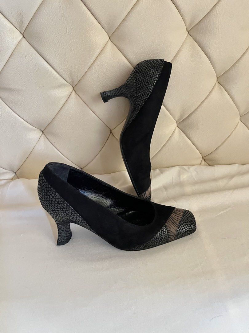 Joy & Peace Made In Spain Black Suede Pumps Size 6 (Category: Heels) located in San Pablo. Submitted by restoredchic (Listing ID 1455890149, Image 3). Description: Stylish, rare design and well made Joy & Peace square toe pumps.Crafted in Spain. They feature a sophisticated patchwork design on the toe cap, combining black suede with contrasting textures such as grey snakeskin and zebra-print leather. The interior includes a black cushioned insole