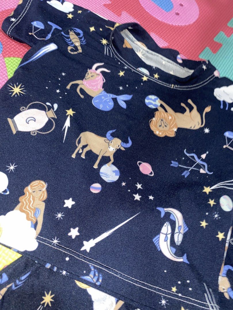 Kids Zodiac Constellation Pajama Set (Category: Babies & Kids Fashion) located in Manila. Submitted by narsg (Listing ID 1455995977, Image 2). Description: - Fun dark blue pajama set with a vibrant zodiac constellation print. - Features popular star signs like Leo, Taurus, Gemini, and more. - Made from soft, comfortable fabric for a great night's sleep. - Top has short sleeves for breathability. - Bottoms are full length for cozy coverage. - Idea