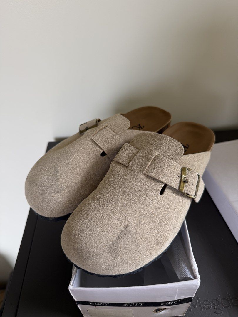 KMY Suede Clogs with Buckle Detail (Category: Flats & Sandals) located in Paranaque City. Submitted by shopnrepeat_ (Listing ID 1455918125, Image 1). Description: slip on with box barely used US 7 250 only needs minimal cleaning lang.
