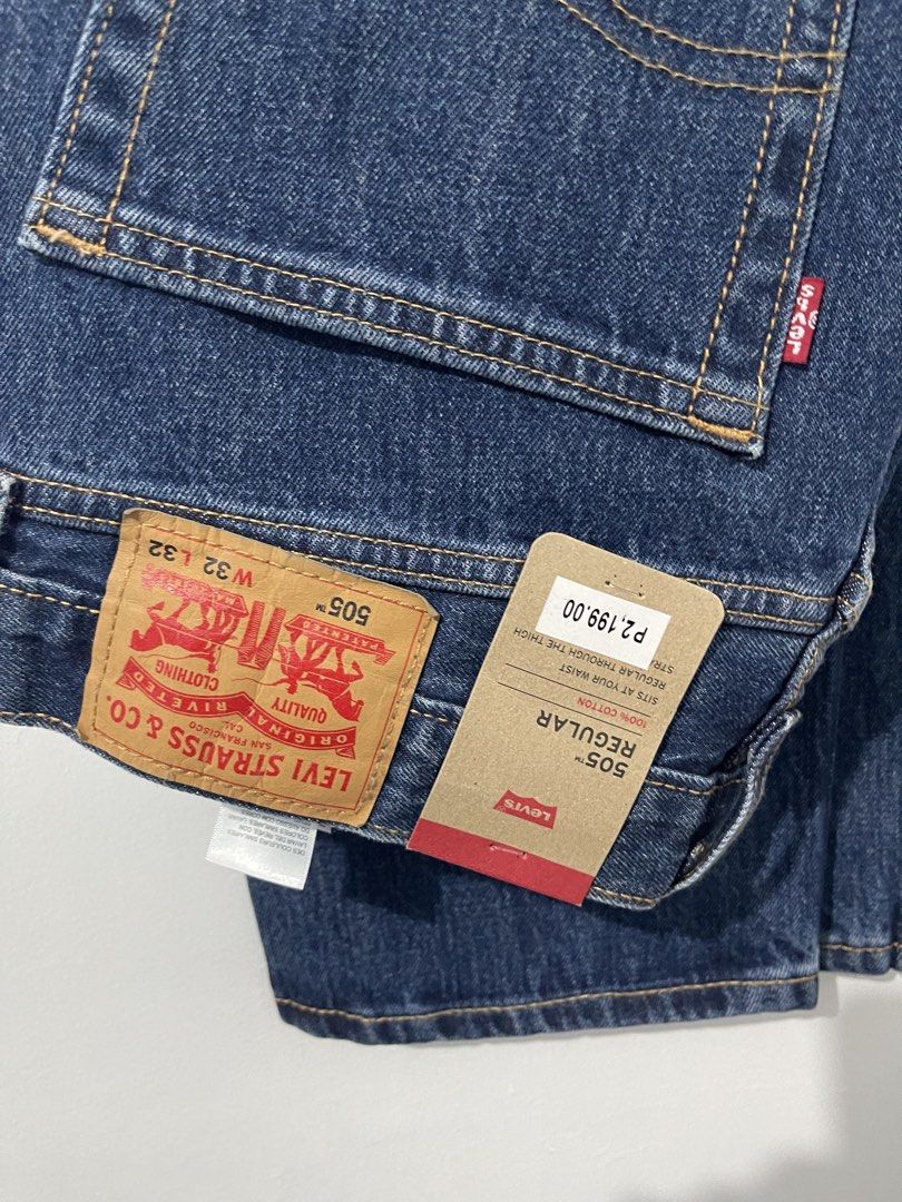 Levi's Levis 505 Regular Fit Blue Denim Jeans (Category: Jeans) located in Quezon City. Submitted by shopmyclutter (Listing ID 1455924304, Image 3). Description: - Classic Levi's 505 jeans - Regular fit, straight through the thigh - Dark blue wash - Brand new with tag and original price attached - Size: Waist 32 inches, Length 32 inches - A versatile wardrobe essential Grabexpress or Lalamove paid by buyer Item location: Fairview QC.