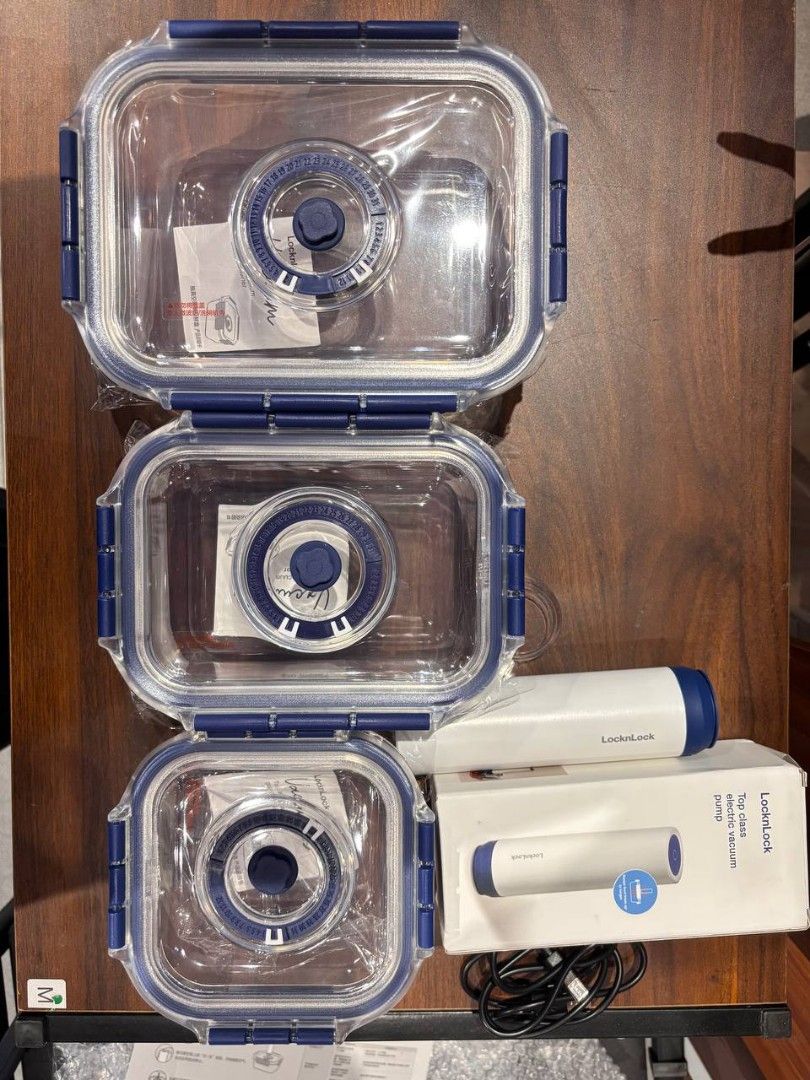 LOCKNLOCK FOOD STORAGE WITH VACUUM PUMP (Category: Food Organization & Storage) located in Manila. Submitted by yourstyle.caloocan (Listing ID 1455988428, Image 3). Description: Keep your food fresh longer with this LocknLock Top Class vacuum glass container set, complete with an electric vacuum pump, stackable heat-resistant glass containers, and airtight locking lids with vacuum valve technology.