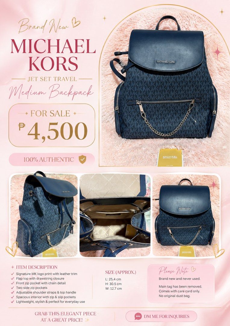 Michael Kors Jet Set Travel Medium Backpack (Category: Backpacks) located in Tarlac. Submitted by importedbranded (Listing ID 1455963065, Image 1). Description: - Brand new Michael Kors Jet Set Travel medium backpack - Signature MK logo print with leather trim - Flap top with drawstring closure - Front zip pocket with stylish chain detail - Two convenient side zip pockets - Adjustable shoulder straps and top handle for comfort - Spacious interior