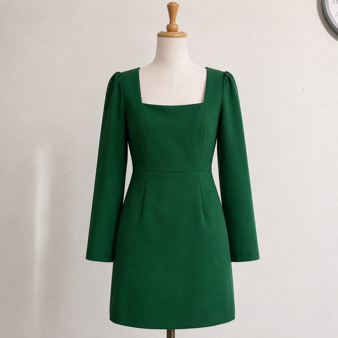 MNG Green Mini Dress (Category: Dresses) located in Manila. Submitted by theopal (Listing ID 1455884572, Image 1). Description: * size Small but can fit to med size *Elegant emerald green mini dress * Square neckline with wide shoulder straps * Long sleeves with subtle gathered/puffed shoulders * Structured, fitted bodice with vertical panel seams * Defined waist with a clean horizontal seam * Slightly A-line skirt for a flattering silhouette * B