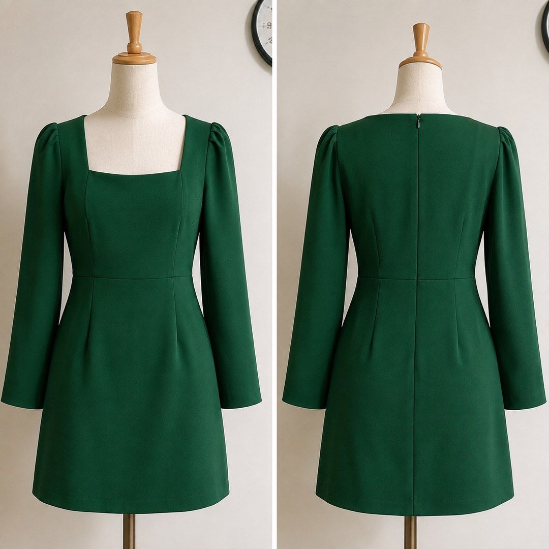 MNG Green Mini Dress (Category: Dresses) located in Manila. Submitted by theopal (Listing ID 1455884572, Image 3). Description: * size Small but can fit to med size *Elegant emerald green mini dress * Square neckline with wide shoulder straps * Long sleeves with subtle gathered/puffed shoulders * Structured, fitted bodice with vertical panel seams * Defined waist with a clean horizontal seam * Slightly A-line skirt for a flattering silhouette * B