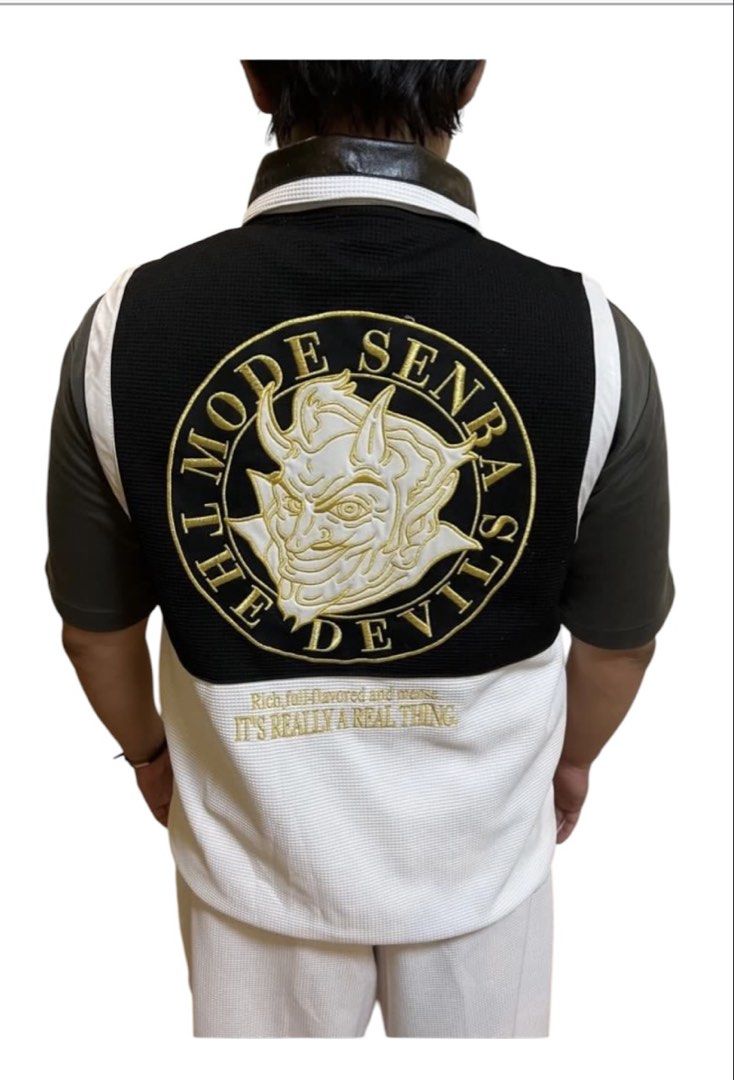 Mode Senba The Devil Black White Tracksuit Vest & Pants Set (Category: Sets & Coordinates) located in Quezon City. Submitted by letsdeclutter101 (Listing ID 1455904709, Image 2). Description: - Black and white tracksuit set - best fits 5'7 n above - Waffle knit material - Zip-up vest with devil graphic on back - Graphic details: 'Mode Senba The Devil', 'It's Really A Real Thing' - Pants with drawstring waist and back pockets - Ideal for streetwea