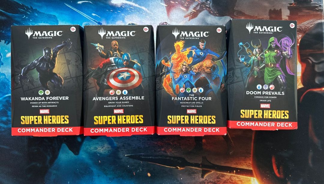 MTG Marvel Super Heroes Commander Deck Bundle – Complete Set of 4 (Category: Card Packs) located in Taguig. Submitted by fairmarkco (Listing ID 1455915952, Image 1). Description: Magic: The Gathering x Marvel Super Heroes Commander Deck Bundle – 4 Deck Set Includes: • Wakanda Forever – Black Panther • Avengers Assemble – Captain America / Nick Fury • The Fantastic Four • Doom Prevails – Doctor Doom / Loki ✅ Official Magic: The Gathering / Marvel 