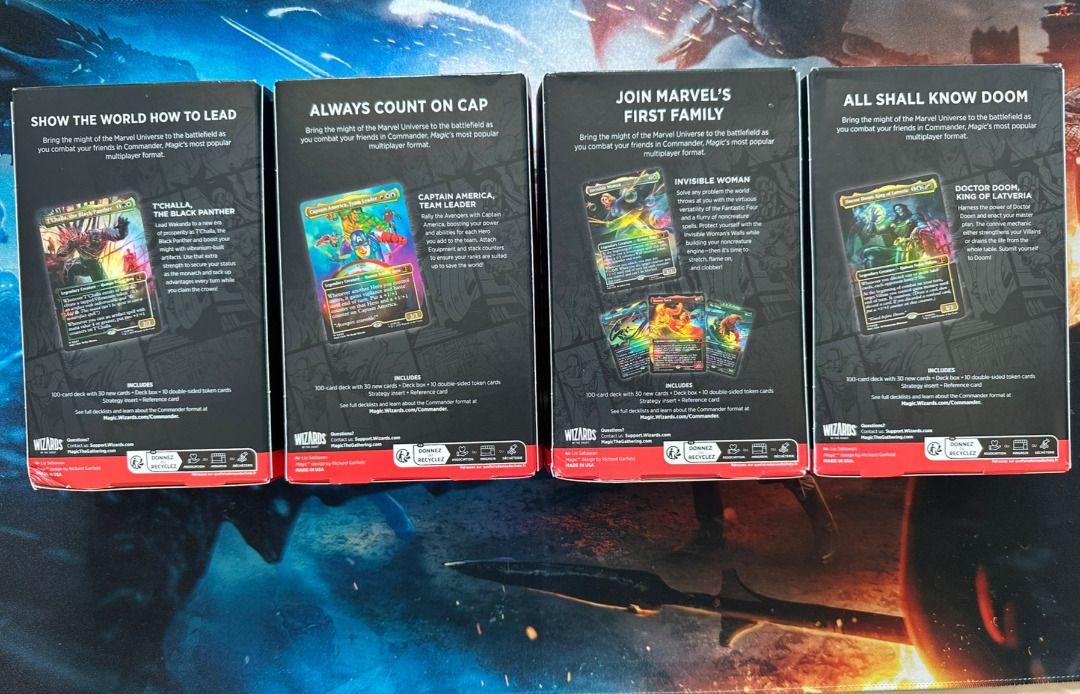 MTG Marvel Super Heroes Commander Deck Bundle – Complete Set of 4 (Category: Card Packs) located in Taguig. Submitted by fairmarkco (Listing ID 1455915952, Image 2). Description: Magic: The Gathering x Marvel Super Heroes Commander Deck Bundle – 4 Deck Set Includes: • Wakanda Forever – Black Panther • Avengers Assemble – Captain America / Nick Fury • The Fantastic Four • Doom Prevails – Doctor Doom / Loki ✅ Official Magic: The Gathering / Marvel 