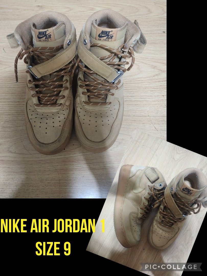 Nike Air Force 1 High Top Sneakers Size 9 (Category: Sneakers) located in Manila. Submitted by jimcsiy (Listing ID 1455965478, Image 1). Description: - Nike Air Force 1 High Top Sneakers - Size: 9 US Men's - Color: Light Tan / Beige - Features: Classic AF1 silhouette, adjustable ankle strap closure - Laces: Brown with a unique pattern - Sole: Gum rubber - Condition: Good for casual wear.