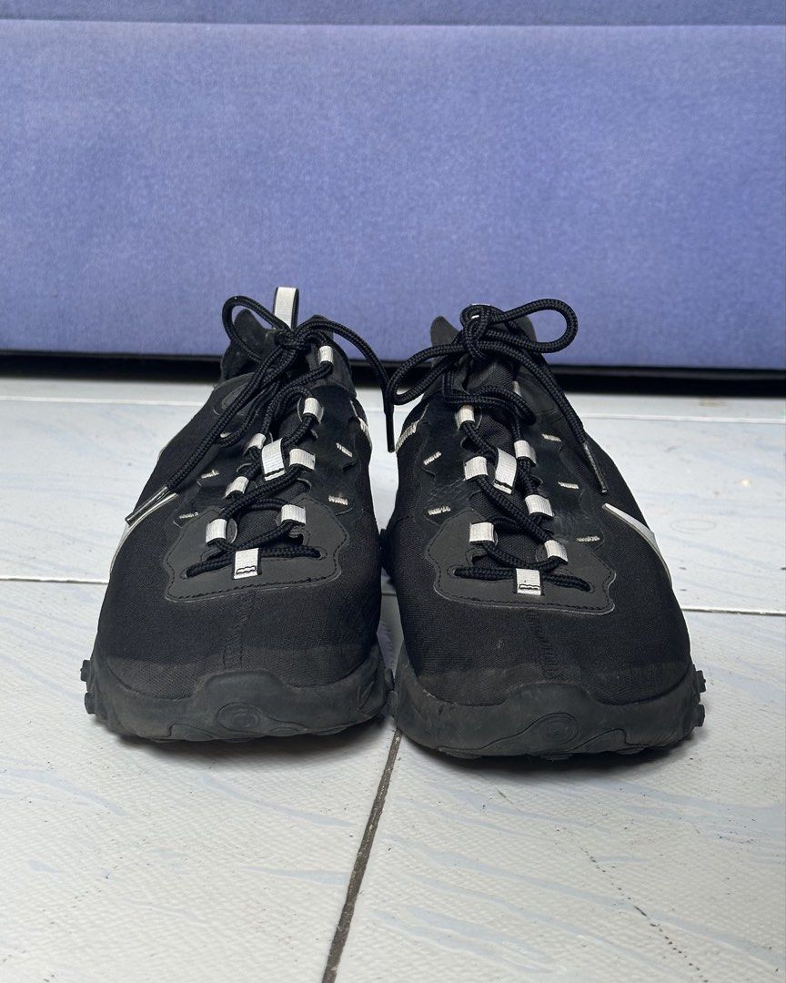 Nike React Element 55 SE “Black Reflective” (Category: Sneakers) located in Manila. Submitted by pioloo (Listing ID 1455886493, Image 2). Description: Nike React Element 55 SE “Black Reflective” * Size: US 10.5 / UK 9.5 / EUR 44.5 / 28.5 cm * Colorway: Black / Anthracite / Metallic Silver (Reflective hits) *100% Authentic, bought this pair at Nike Mall of Asia years ago. Condition Details: * Uppers: Clean mesh with no major tears or deep gashes. 
