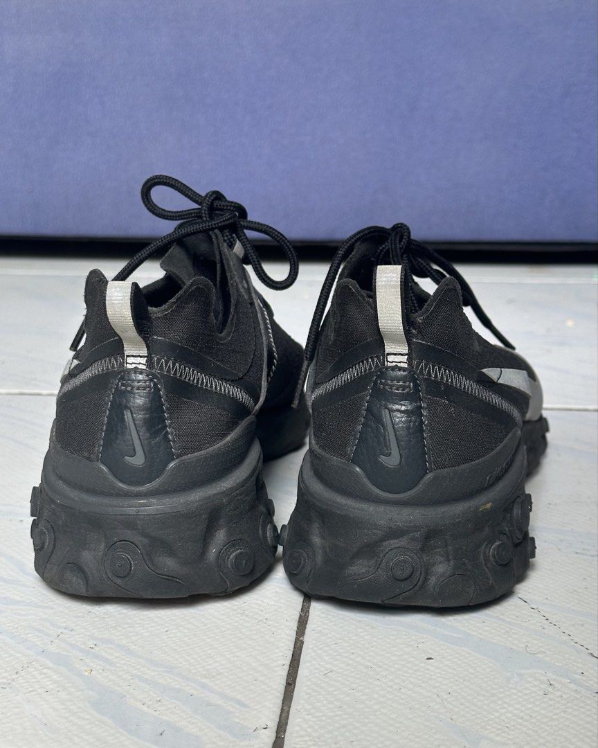 Nike React Element 55 SE “Black Reflective” (Category: Sneakers) located in Manila. Submitted by pioloo (Listing ID 1455886493, Image 3). Description: Nike React Element 55 SE “Black Reflective” * Size: US 10.5 / UK 9.5 / EUR 44.5 / 28.5 cm * Colorway: Black / Anthracite / Metallic Silver (Reflective hits) *100% Authentic, bought this pair at Nike Mall of Asia years ago. Condition Details: * Uppers: Clean mesh with no major tears or deep gashes. 