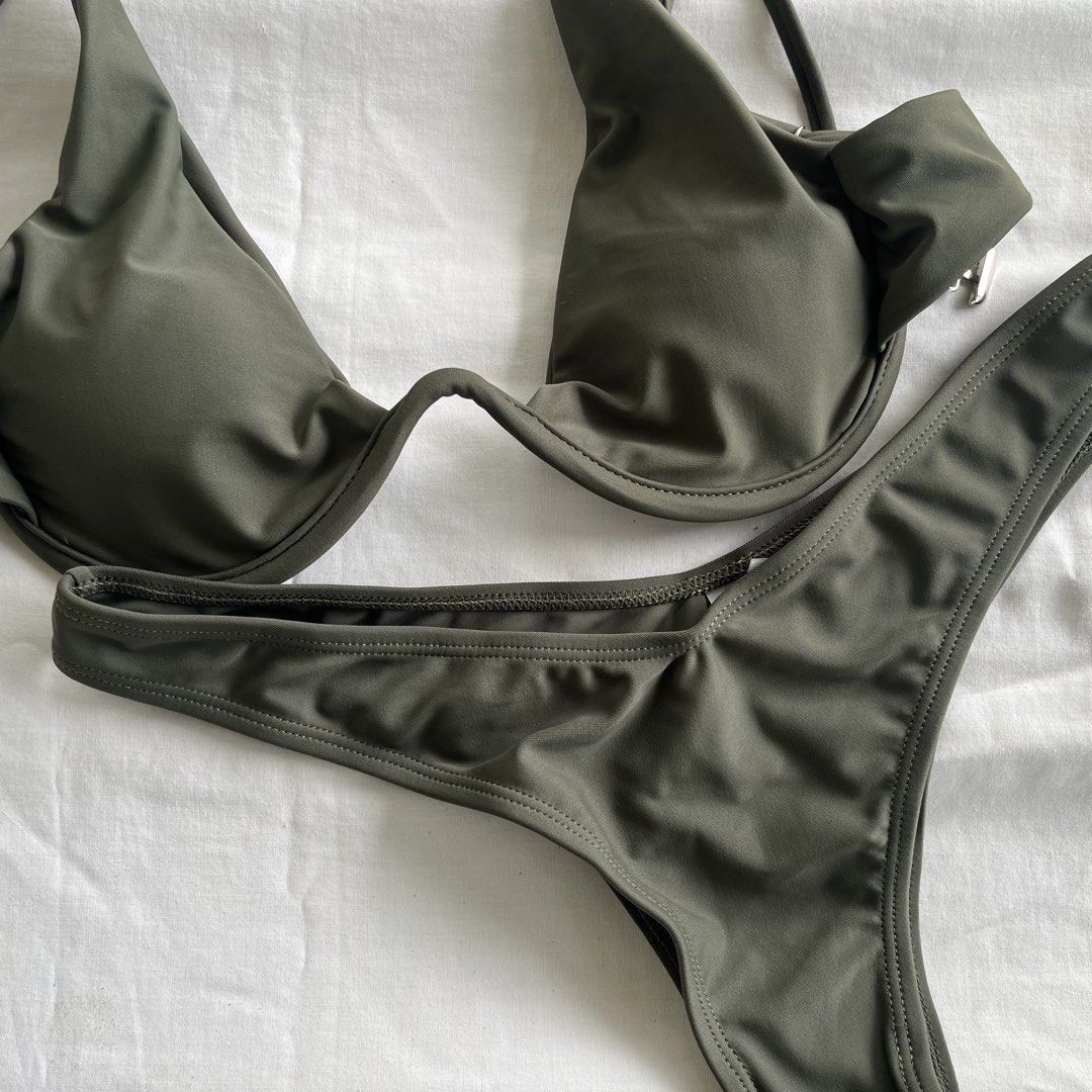 Olive Green Bikini Set (Category: Bikinis & Swimsuits) located in Bacolor. Submitted by declutteryin (Listing ID 1455889453, Image 1). Description: top used once, bottom never used M on tag with removable pads .