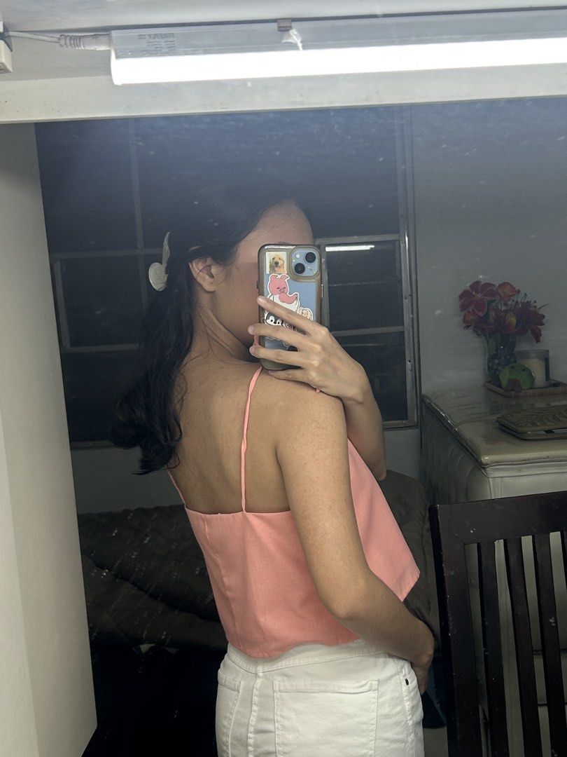 pink linen blend top with tie straps (Category: Sleeveless) located in Quezon City. Submitted by prettyches (Listing ID 1456004390, Image 2). Description: - pink square neckline with tie straps - linen-blend fabric my measurements: bust: 32A waist: 26" hips: 34".