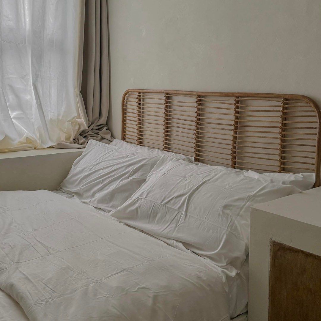 Rattan Bed Headboard - Full Double Size (Category: Bed Frames & Mattresses) located in Pasig City. Submitted by declutterpsg (Listing ID 1455855009, Image 1). Description: - Beautiful rattan bed headboard - Adds a natural, bohemian vibe to your bedroom - Fits queen or king size beds - Easy to attach - Selling due to redecorating - Pick up only.