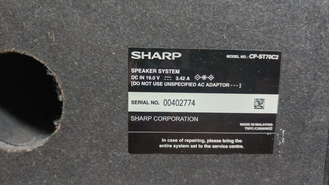 Sharp CP-ST70C2 Wireless Speaker System (Category: Soundbars, Speakers & Amplifiers) located in Manila. Submitted by qjvcuento99069 (Listing ID 1455857023, Image 1). Description: - Sharp CP-ST70C2 Wireless Speaker System - Power Input: DC 19.0V, 3.42A - Proudly Made in Malaysia - Ideal for upgrading your TV sound experience - Feel free to ask any questions!.