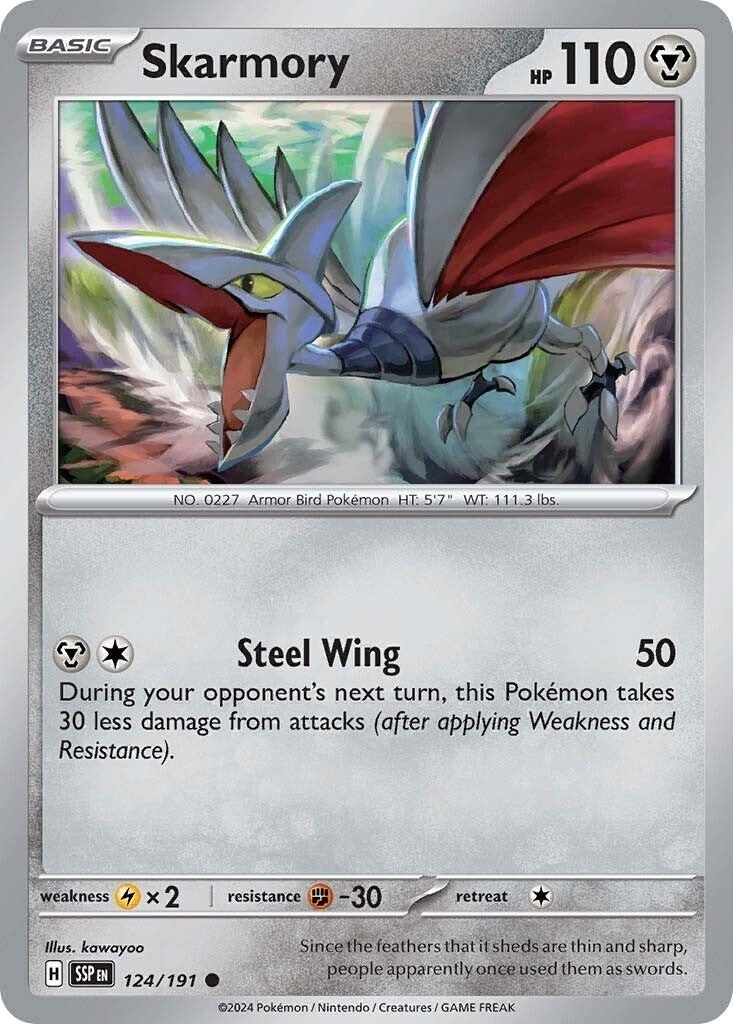 Skarmory Pokemon Card 124/191 - Basic Steel Wing (Category: Raw Singles) located in Cavite. Submitted by msleahsalonga (Listing ID 1455906470, Image 1). Description: Skarmory (124/191) card from the Pokémon TCG expansion Scarlet & Violet: Surging Sparks..