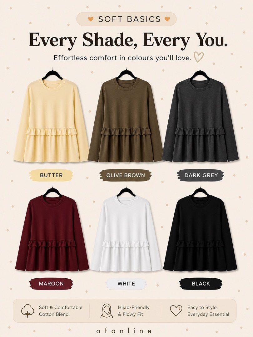 Soft Basic Ruffles Blouse (Category: Tops) located in Singapore. Submitted by yourstrulyanis (Listing ID 1456009866, Image 2). Description: Brand new instocks Available in 6 colours Length: 60cm | PTP: 47-70cm | Drop Shoulder | Sleeve: 60cm Buy 1 for $23 Buy 2 for $40.