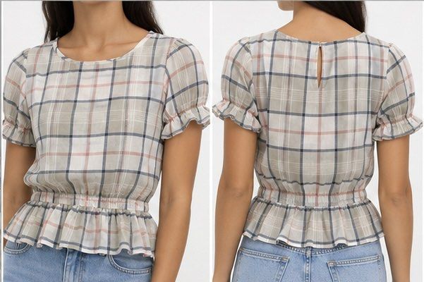 Tayo Plaid Puff Sleeve Peplum Top (Category: Blouses) located in Las Pinas. Submitted by katb86 (Listing ID 1455926057, Image 3). Description: - Cute plaid design - Short puff sleeves with ruffled cuffs - Smocked waist - Ruffled hem - Versatile: pairs well with jeans or skirts - Ideal for casual outings.