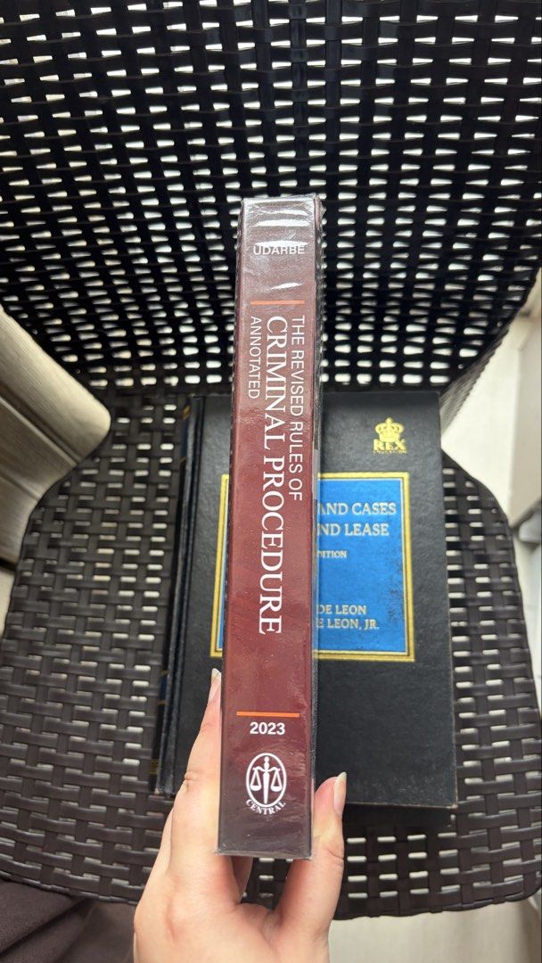 The Revised Rules of Criminal Procedure Annotated 2023 Edition (Category: Textbooks) located in Manila. Submitted by thepicklecollective (Listing ID 1455966561, Image 2). Description: - Annotated edition of The Revised Rules of Criminal Procedure - Authored by Janice L. Andrade-Udarbe - Published by Centralbooks - 2023 Edition - Ideal reference for legal professionals and students.