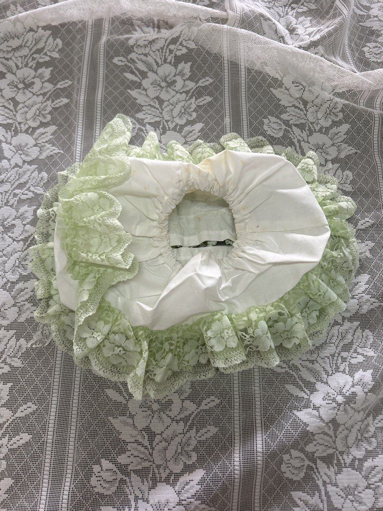 Tissue box holder holder (Category: Storage Boxes & Baskets) located in Malolos. Submitted by risen___ (Listing ID 1455874604, Image 2). Description: This light green ruffled lace tissue box cover features decorative fabric flower accents and a label from the Japanese brand Sun Moto..
