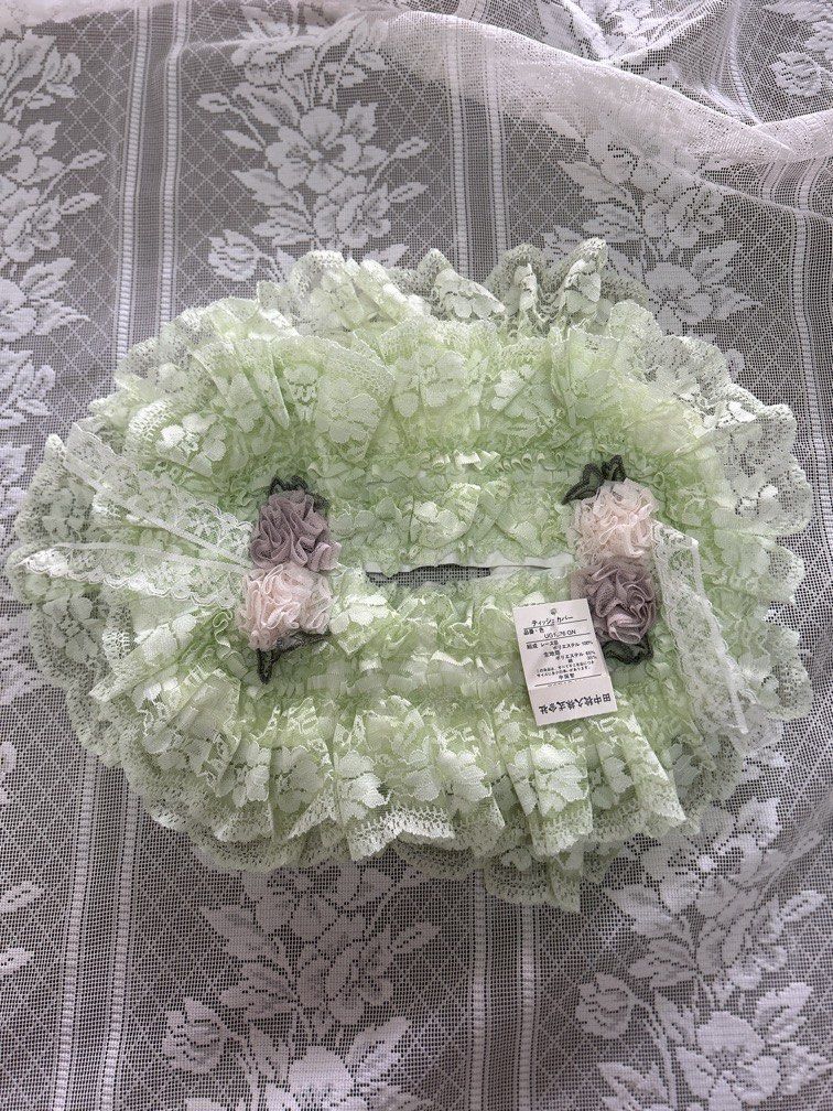 Tissue box holder holder (Category: Storage Boxes & Baskets) located in Malolos. Submitted by risen___ (Listing ID 1455874604, Image 1). Description: This light green ruffled lace tissue box cover features decorative fabric flower accents and a label from the Japanese brand Sun Moto..
