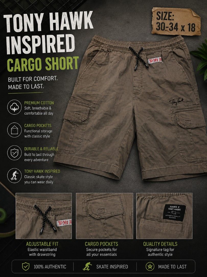 Tony hawk cargo short (Category: Shorts) located in Calamba. Submitted by melvinmanaig (Listing ID 1455966373, Image 1). Description: size 30-34.