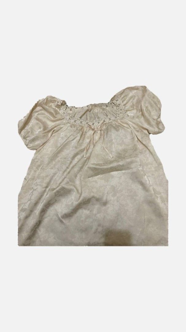 vintage satin nightgown (Category: Undergarments & Loungewear) located in Liloan. Submitted by jonahmayaa (Listing ID 1455887960, Image 2). Description: - preloved used only once - square neckline with delicate lace trim - built-in pads - tie detail at the front - subtle floral embossed pattern on the fabric - size: small to medium - length: 32 inch rfs: decluttering location: liloan, cebu mop: gcash/maribank mod: j&t ( sf shouldered by buyer) me